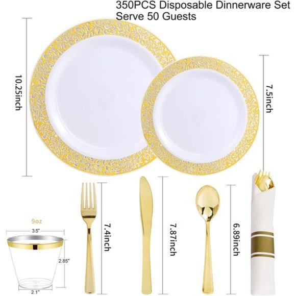 350 Pieces Gold Plastic Dinnerware,Disposable Gold Lace Plates - Picture 3 of 7